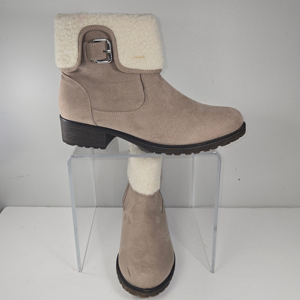 Serra Shearling Trim Ankle Boots Womens 9 Tan Faux Suede Buckle Zip